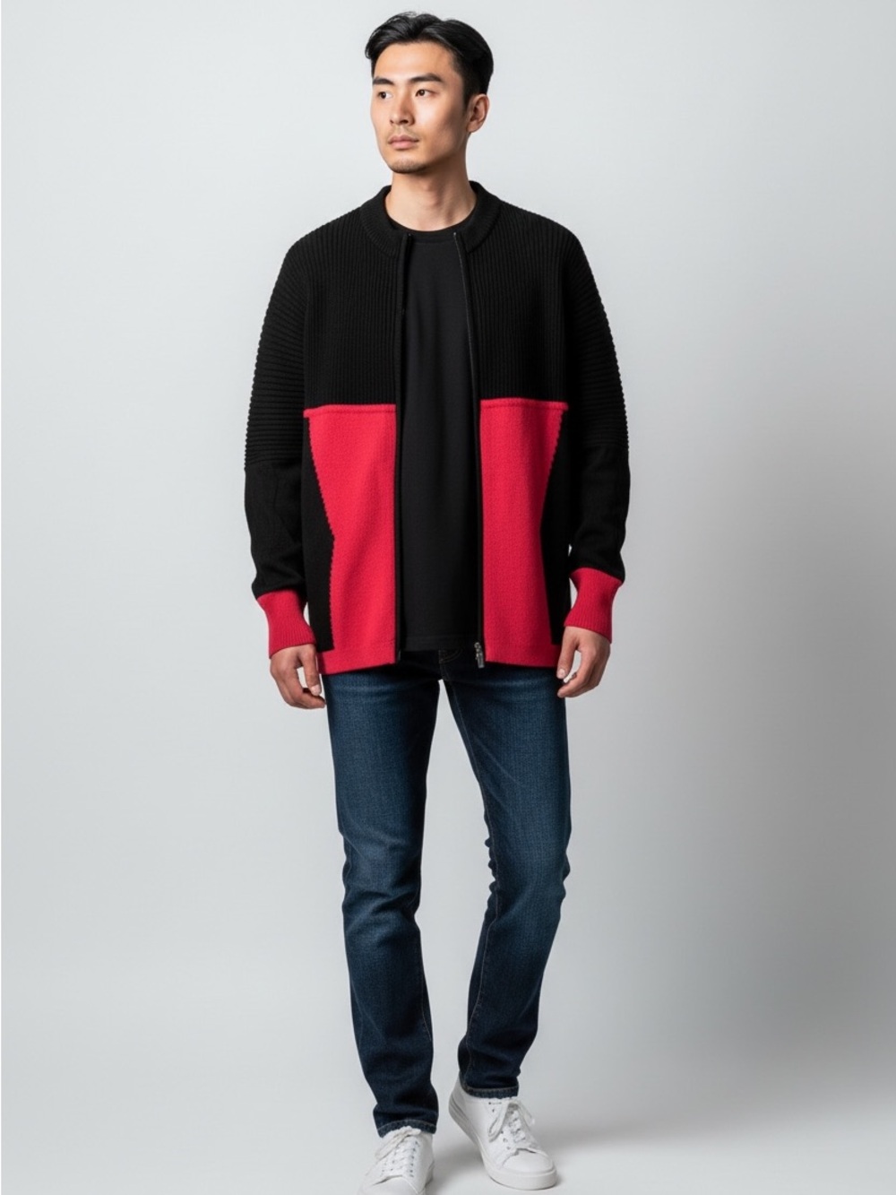 80’-90’s Marksmanship Trail Black & Red Zip-Up Colorblock Knit Sweater